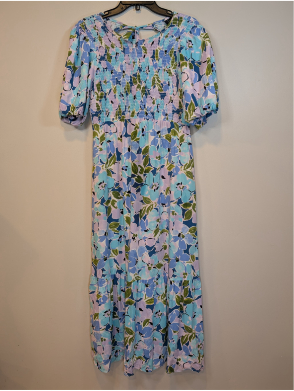 Nobody’s Child Kelsie Puff Sleeve Shirred Midi Dress Blue Floral Tiered US 4
